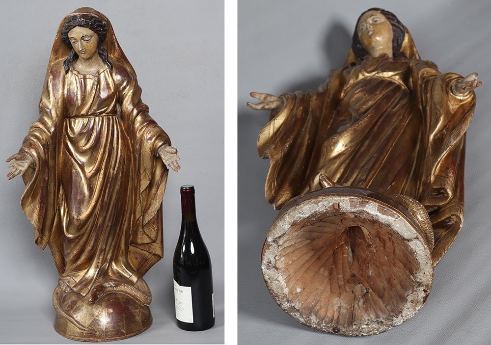 Grande Vierge XVIII ème, 67 cm, sculpture en bois doré feuilles d’or et polychrome-photo-1