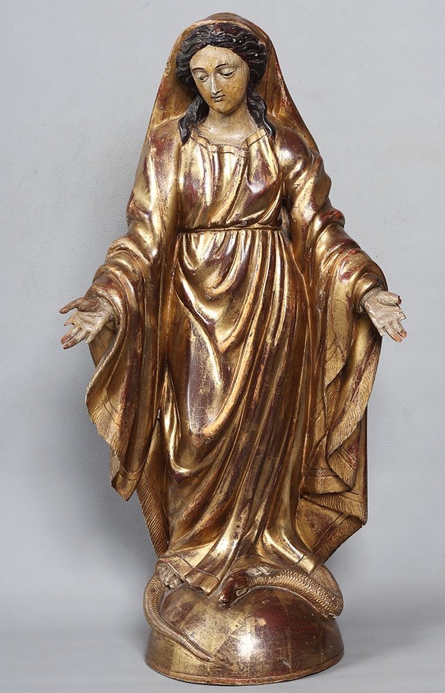 Grande Vierge XVIII ème, 67 cm, sculpture en bois doré feuilles d’or et polychrome