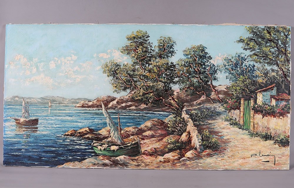 La Côte d'Azur, 130 cm, Signé : Pierre Lemoine, vers 1950/60, L’Esterel, Sud France, Marine-photo-2