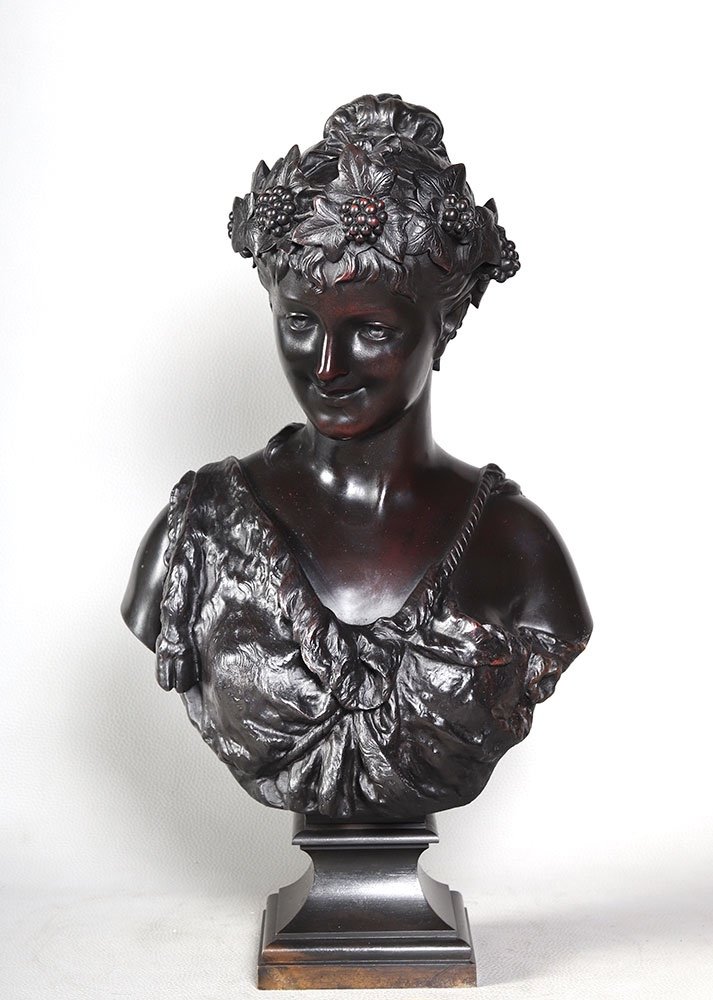 Bronze XIX ème, 50 cm, signé Jean BULIO 1827/1911, Bacchante, Allégorie du Printemps