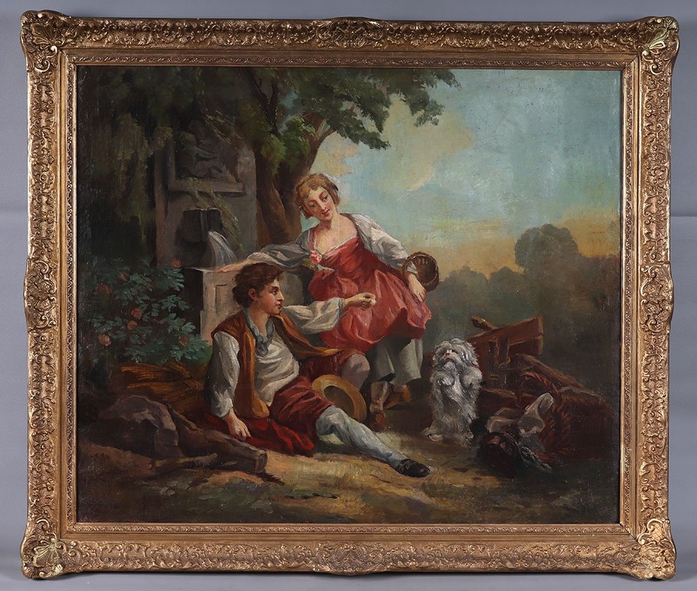 Large 18th Century Painting, 116 Cm, Romantic Country Scene With Small Dog, French School-photo-2