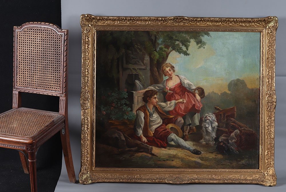 Large 18th Century Painting, 116 Cm, Romantic Country Scene With Small Dog, French School