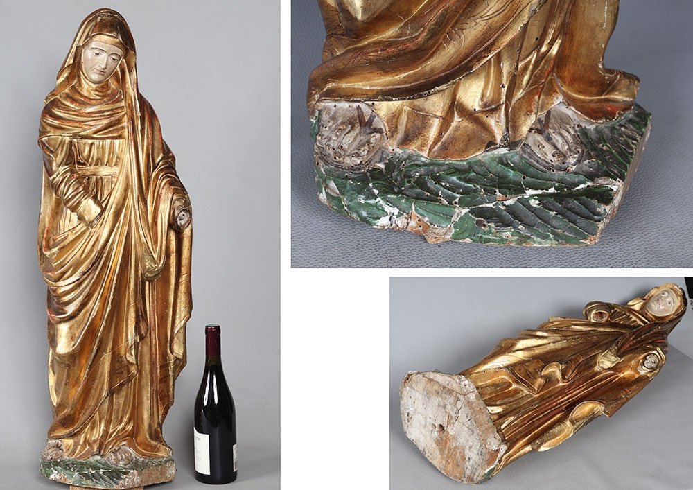 Large 18th Century Virgin, 90 Cm, Sculpture In Gilded Wood With Gold Leaf-photo-4