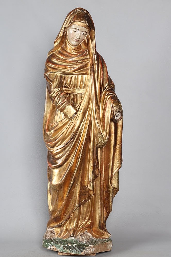 Large 18th Century Virgin, 90 Cm, Sculpture In Gilded Wood With Gold Leaf