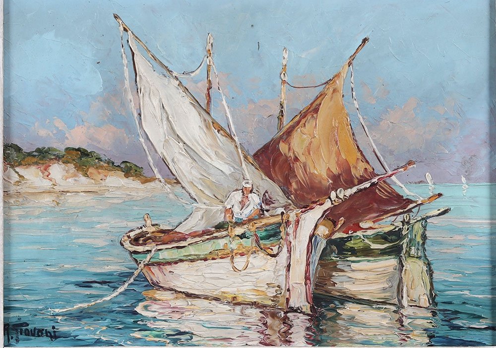 Saint Tropez et ses tartanes, signé : René Giovani, tableau marine-photo-2