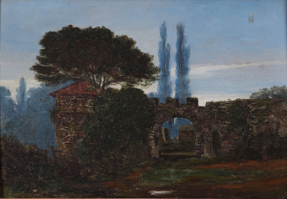 Paysage XIX ème, signé P. Baroir, daté 1884, ruines Provençale,-photo-2