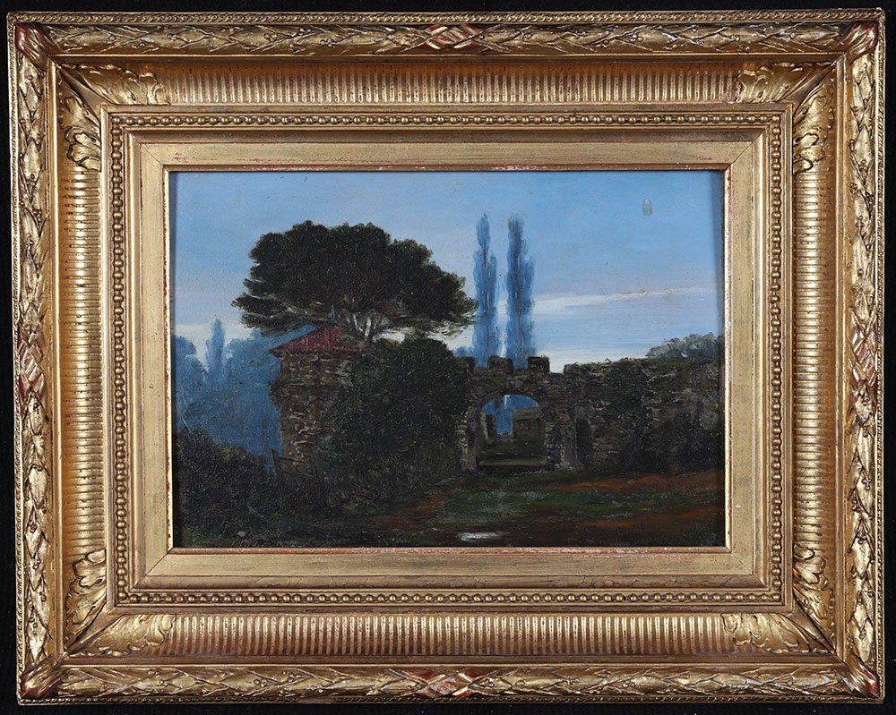 Paysage XIX ème, signé P. Baroir, daté 1884, ruines Provençale,