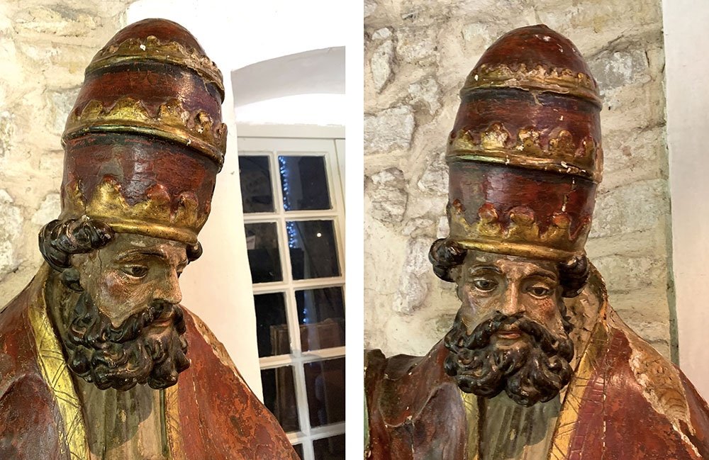 17th Century Sculpture, 195cm, Of Pope Saint Sixtus Ii, Polychrome Wood, Glass Eyes -photo-2