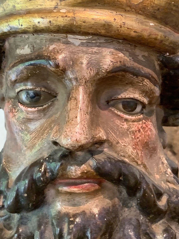 17th Century Sculpture, 195cm, Of Pope Saint Sixtus Ii, Polychrome Wood, Glass Eyes -photo-3