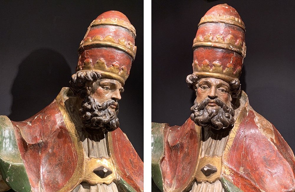 17th Century Sculpture, 195cm, Of Pope Saint Sixtus Ii, Polychrome Wood, Glass Eyes -photo-2