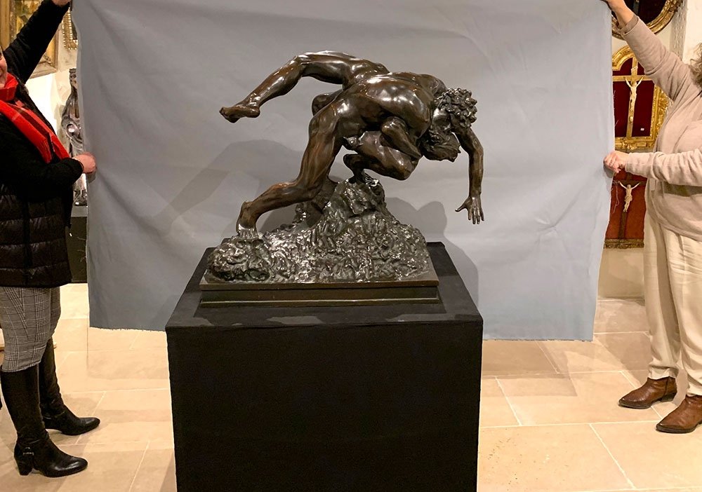 Grand Bronze XIX ème, 80 cm, Jef LAMBEAUX, Musée G. COURBET, les lutteurs 