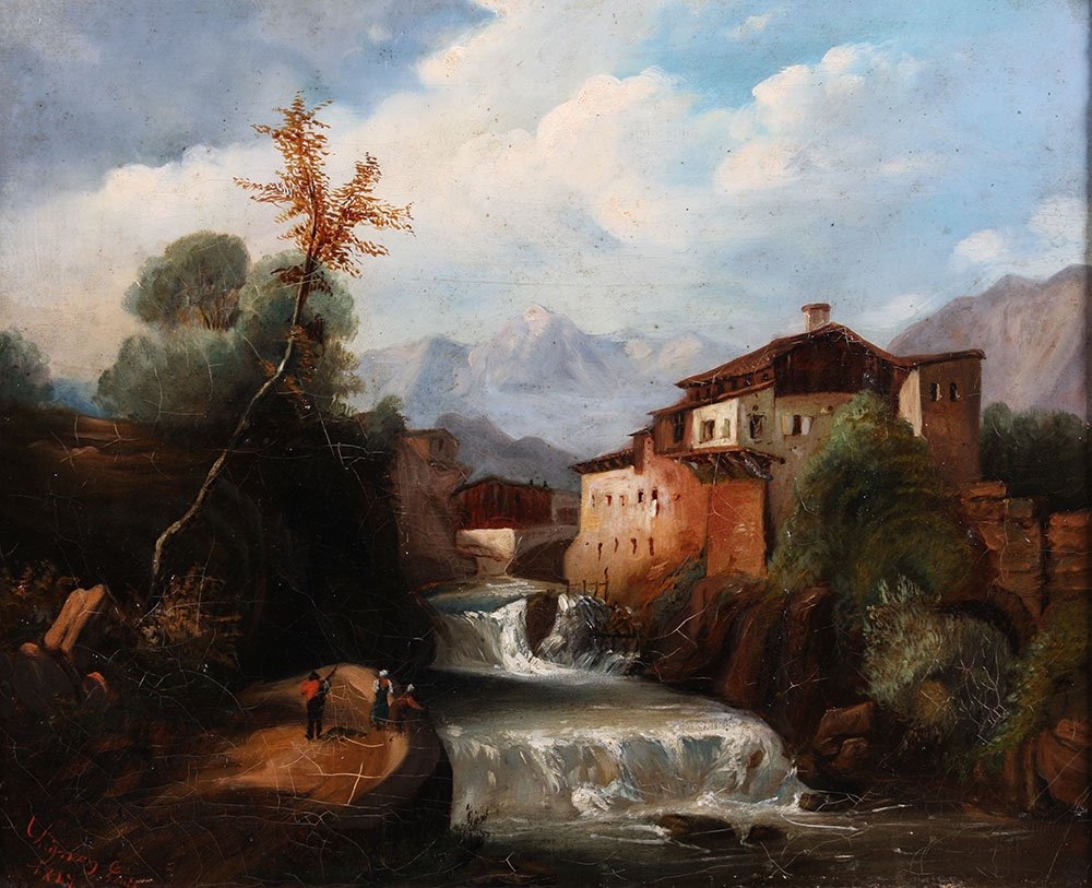 Tableau XIX ème, signé : Louis Chignan, de 1847, Paysage animé, Montagne, Rivière-photo-2