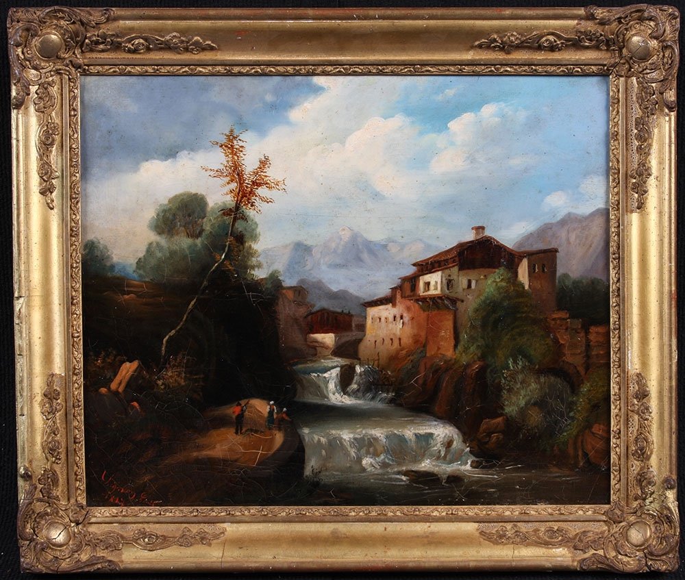 Tableau XIX ème, signé : Louis Chignan, de 1847, Paysage animé, Montagne, Rivière