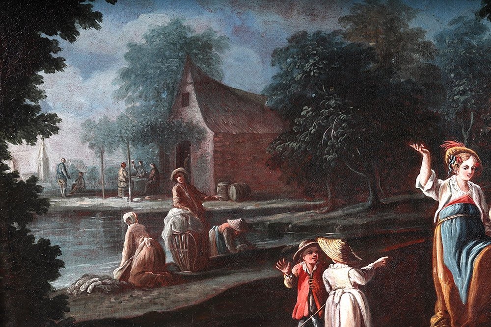 Landscape, 97 Cm, 18th Century Country Scene, French School, Animated With Characters -photo-4