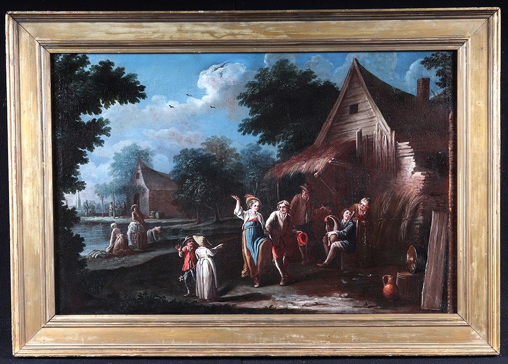 Landscape, 97 Cm, 18th Century Country Scene, French School, Animated With Characters 