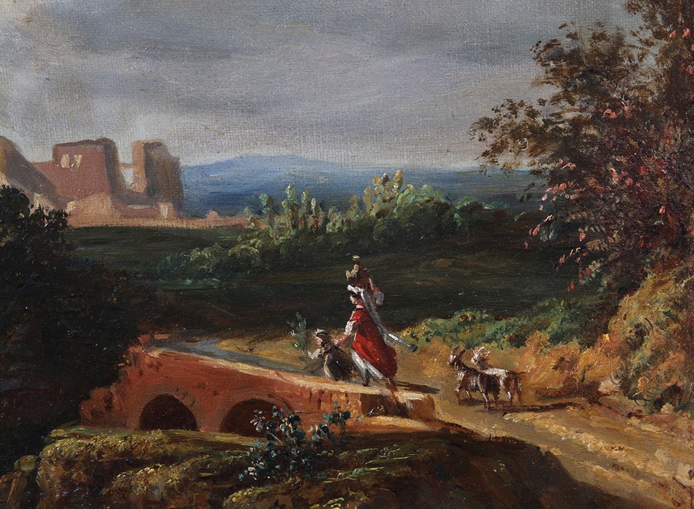 Paysage XIX ème siècle, Ecole Française, scène champêtre avec ruines -photo-3