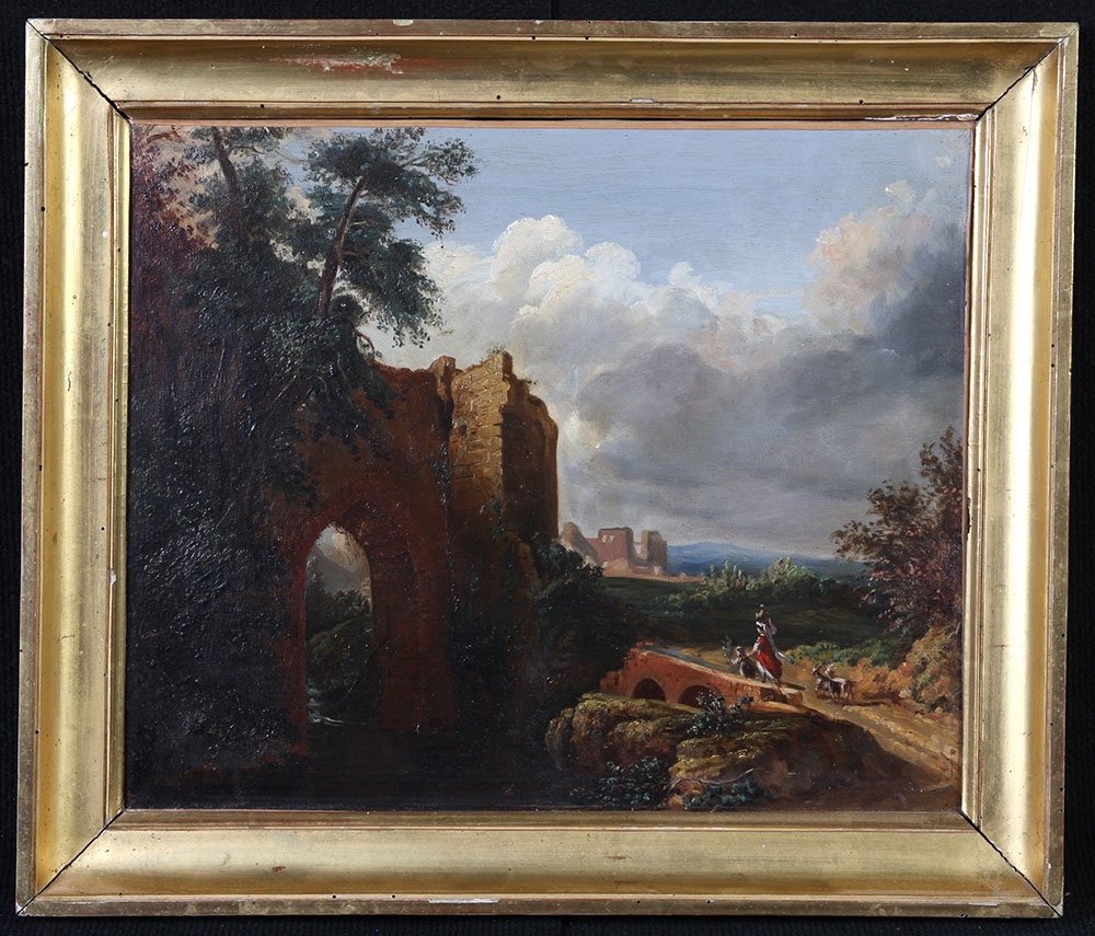 Paysage XIX ème siècle, Ecole Française, scène champêtre avec ruines 