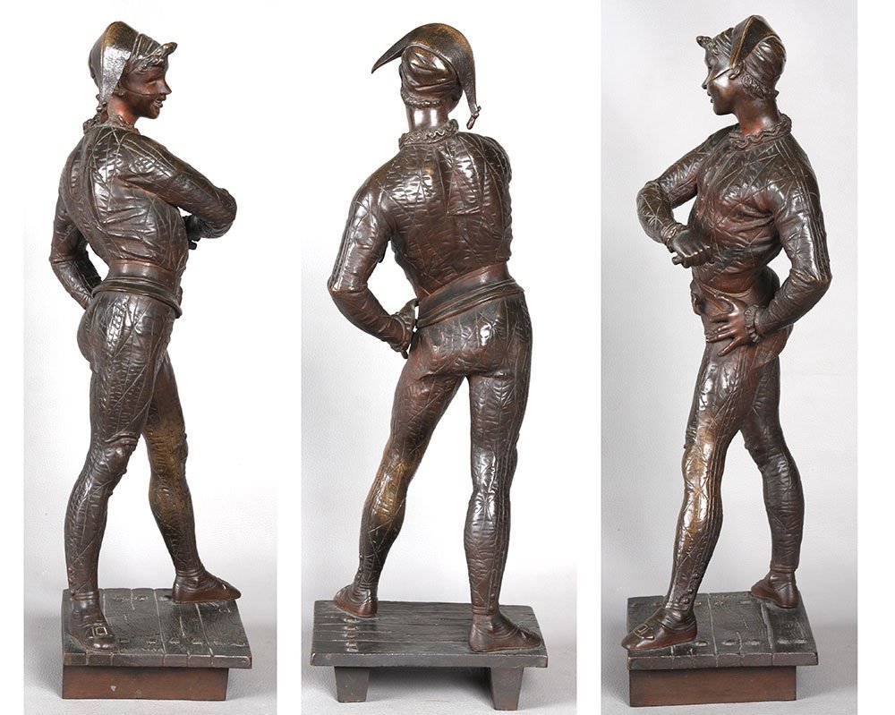 Bronze XIX ème, 54 cm, signé de Emile Laporte 1858/1907, Arlequin-photo-3