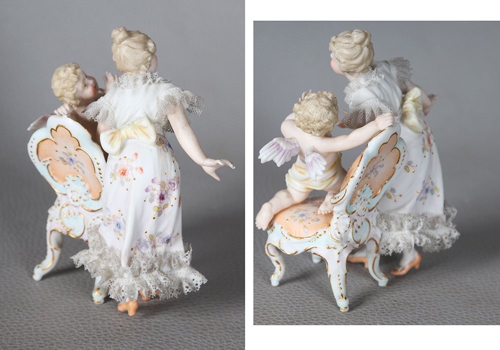 Femme et ange sur fauteuil, Porcelaine, hauteur : 11 cm-photo-3