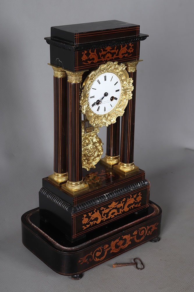 Empire / Charles X Period Portico Clock, Bronze And Marquetry, Signed-photo-2