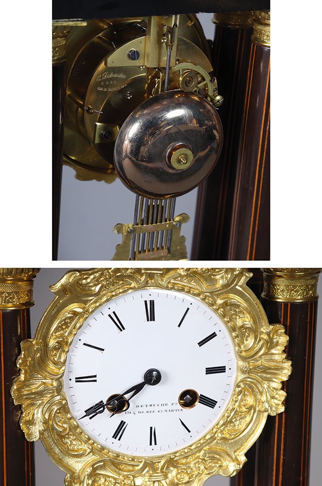 Empire / Charles X Period Portico Clock, Bronze And Marquetry, Signed-photo-3