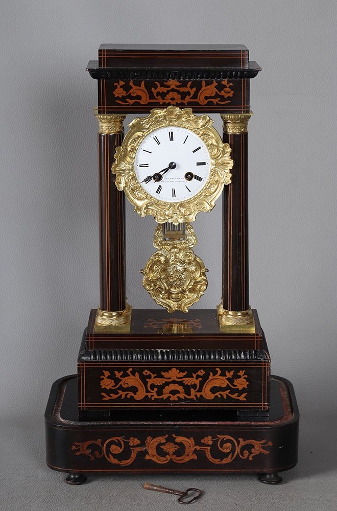 Empire / Charles X Period Portico Clock, Bronze And Marquetry, Signed