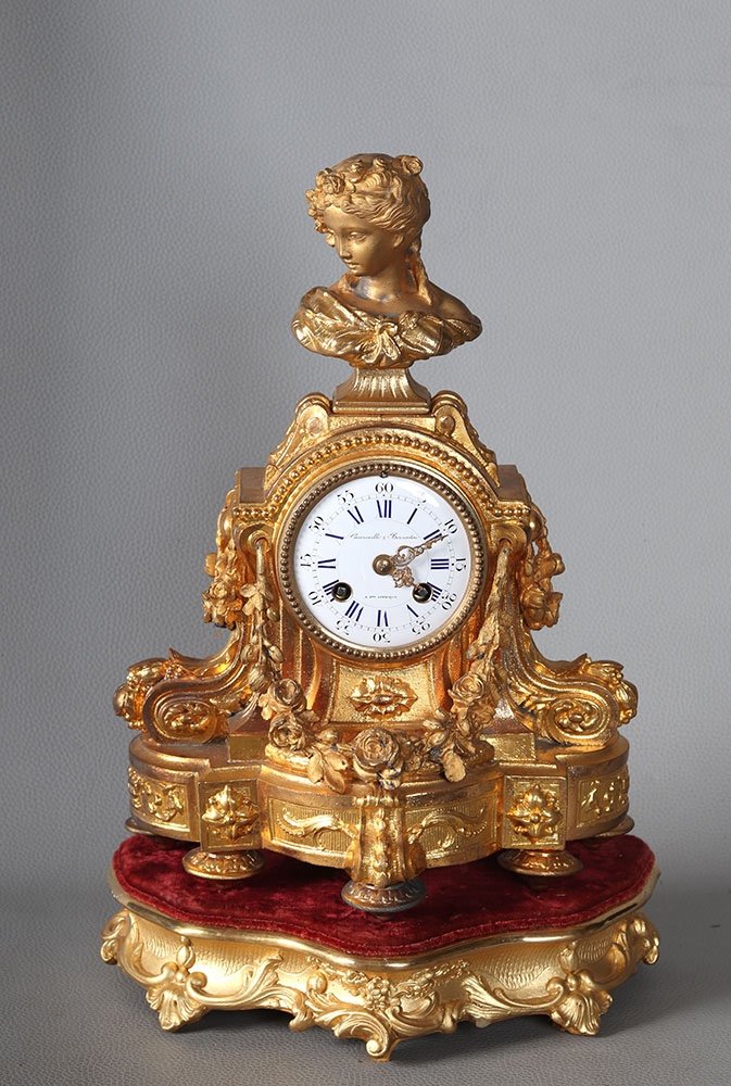 Courveille And Bernadou Clock, 19th Century, Gilded Spelter