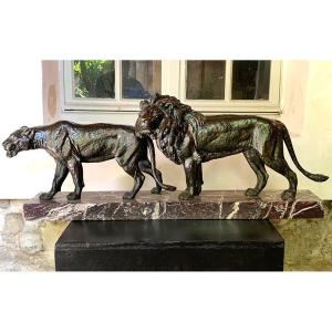 Grand Bronze, 100 cm, Louis Riché 1877/1949, Art-déco, couple Lion-lionne