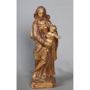 Vierge à L’enfant XVIII ème, 42 cm, sculpture en bois doré feuilles d’or