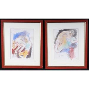 Pierre Ambrogiani, Pair Of Erotic Watercolors