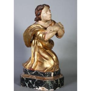 Large Gilded Wood Sculpture From The 18th Century, Kneeling Saint