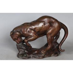 Bronze Vers 1900, Georges Gardet 1863/1939, Lionne Chassant Un Lézard