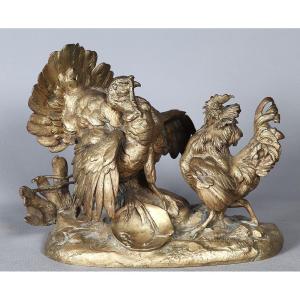 19th Century Bronze, With Golden Patina, The Turkey And The Rooster