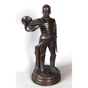 Bronze 19th Century, 60 Cm, Courre Hunting, Signed: J. Verstappen, Belgian School, Hunting Horn