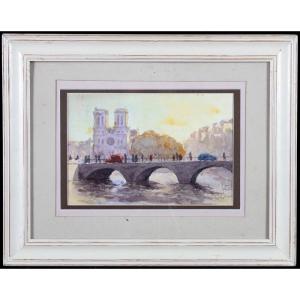 Watercolor, Paris, Notre Dame, The Island Of The City, Signed Gabriel Lardat 1900/1994