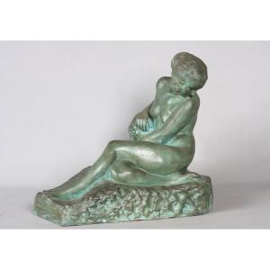 Terre cuite Art Déco, Marcel Bouraine 1886/1948, Nue allongée, Ecole Française