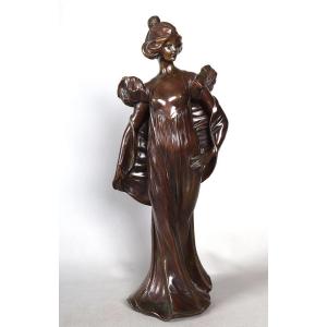 19th Century Bronze, 51 Cm, Jean Gautherin 1840/1890, Young Woman With Bare Breasts