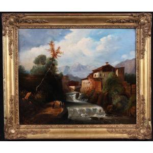 19th Century Painting, Signed: Louis Chignan, From 1847, Animated Landscape, Mountain, River