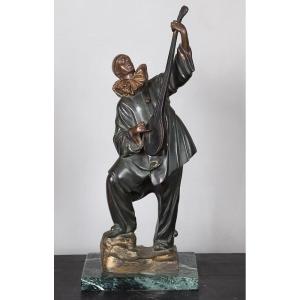 Art Deco Bronze, 43 Cm, Pierrot With Mandolin