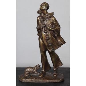 Bronze, Early 20th Century, 30 Cm, Signed: Robert Bousquet 1894/1917, Pierrot And His Cat