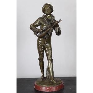 Bronze fin XIX°, 37 cm, signé : A.J.. Lavergne 1863/1928, Pierrot