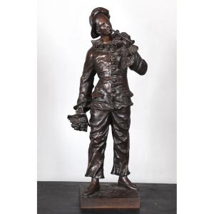 19th Century Bronze, 46 Cm, Signed: Charles Anfrie 1833/1905, Pierrot Troubadour