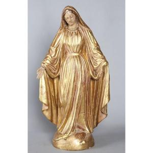 Vierge XVIII ème, 60 cm, Sculpture en bois doré à la feuille d’or