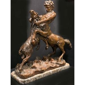 Large 19th Century Bronze, 65 Cm, By James Hunt 1880 / ?, Centaur Fighting With A Goat