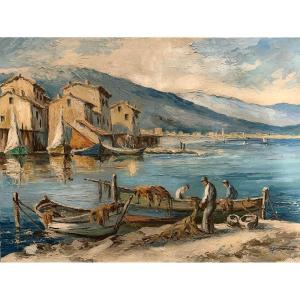 Martigues, signé Joseph Guenard, vers 1950/60, Paysage Provençale, Méditerranée.