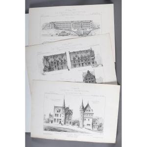 Architecture, Lot de 3 gravures, 31x46 cm, début XX ème