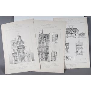 Architecture, Lot de 3 gravures, 31x46 cm, début XX ème