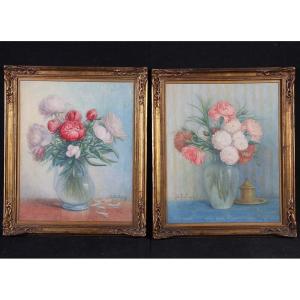 Paire d’aquarelles, Bouquet de fleurs, signé : Dallaire, vers 1900