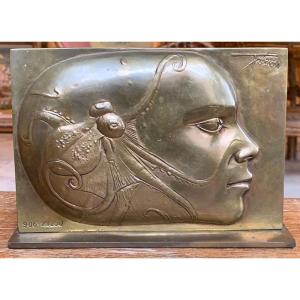 Bronze, Pierre-Yves Tremois 1921/2020, bas-relief, visage de lemme à la Pieuvre