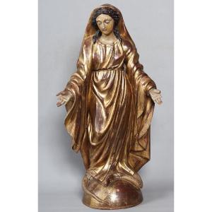 Grande Vierge XVIII ème, 67 cm, sculpture en bois doré feuilles d’or et polychrome